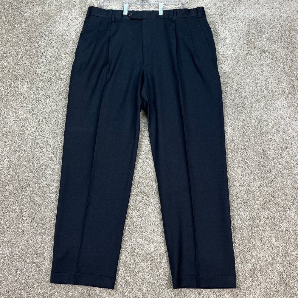 Kirkland Signature Pants Mens 38x30 Navy Blue Wool Pleated Cuffed Italy‎ Made